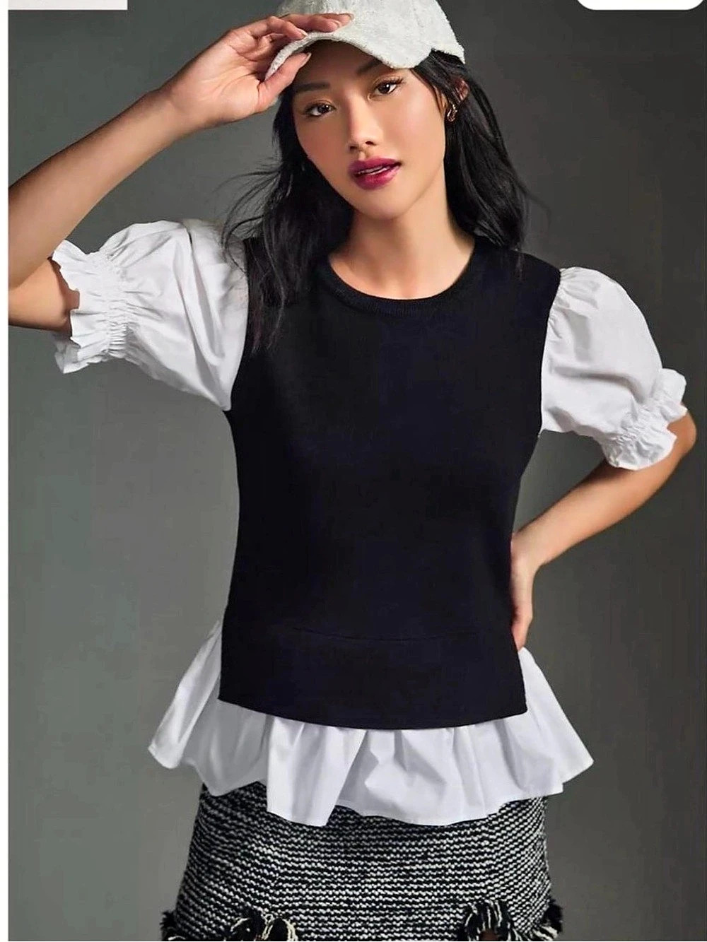 Anthropologie Black & White Puff Sleeve Blouse Size Medium